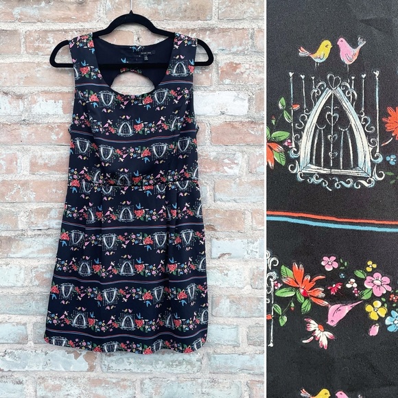 Modcloth Dresses & Skirts - Three Ena Dress Black Twee Bird Floral Print Stretch Shift Dress Modcloth